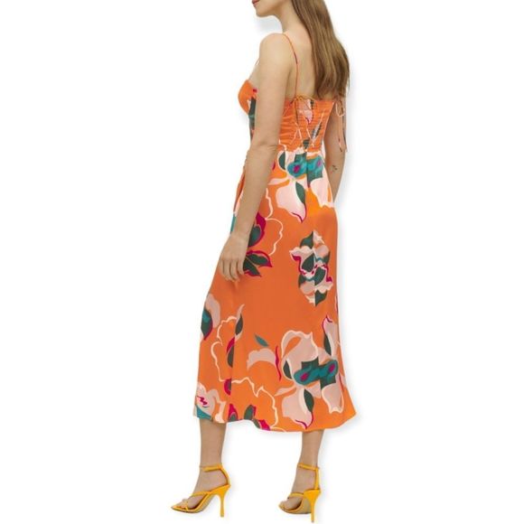 Reformation Marguerite Silk Midi Dress In Electra Floral Orange - Picture 4 of 13
